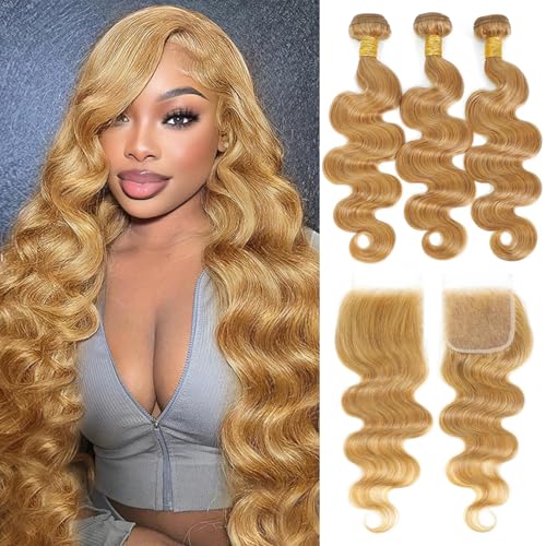 Honey Blonde Bundles with Closure Human Hair Body Wave 16