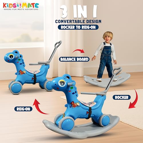 Image of Kidsmate 3-in-1 Push Ride-On and Rocker for Kids 2-5 Years | Ride, Push & Rock Modes | Seat Belt Safety | Non-Toxic & PE Body with Parental Handle | Rocker Horse for Babies (Blue)