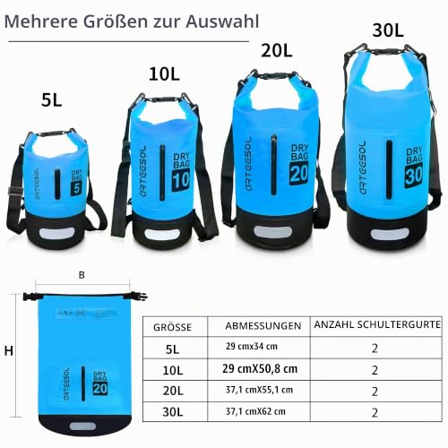 Dry Bag wasserdichte Tasche 5L/10L/20L/30L Wasserfester Beutel Packsack mit Langen Doppeltem Verstellbarer Schulterriemen für Schwimmen Bootfahren Kajak Wassensport Treiben – Bild 3