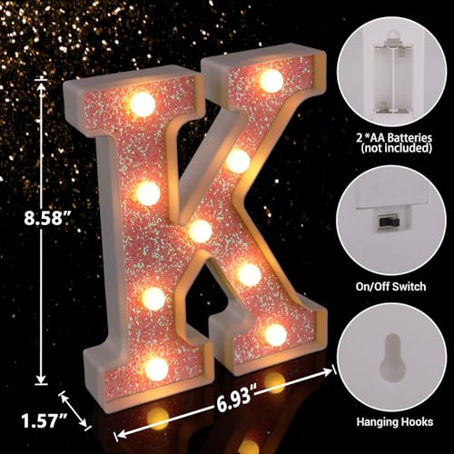 Image of LED Letter Lights Pink Glitter Marquee Letters Light Up Alphabet Letters Sign Battery Powered for Home Party Decoration Night Bar Wedding Birthday Christmas Lamp Girls Gift - Letter K