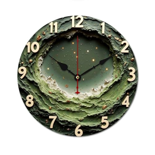 緑の岩肌時計 金箔星夜 掛け時計 北欧 壁掛 木製 10in/12in 軽量 部屋飾り 人気 ギフト静音 非電波 読みやすい リビングルーム 寝室 オフィス 30*30cm