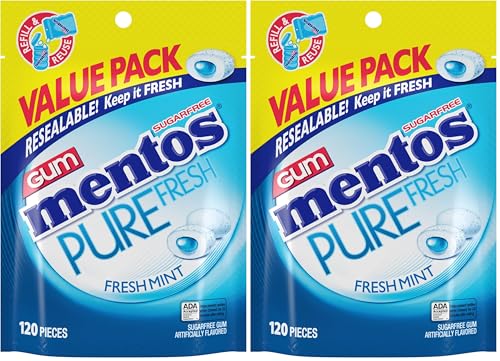 Image of Mentos Pure Fresh Sugar-Free Chewing Gum with Xylitol, Fresh Mint, 120 Piece Resealable Bag (Pack of 2)