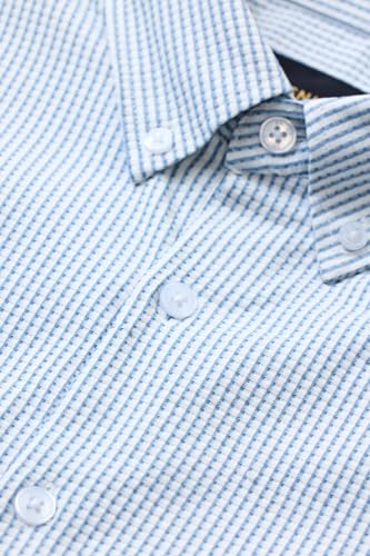 Image of SNITCH Men's Casual Luxe Shirt | Slim Fit Full Sleeve Button-Down Collar Striped Design | Premium Polyester Blend & Smooth Woven Fabric for Everyday & Semi-Formal Wear
