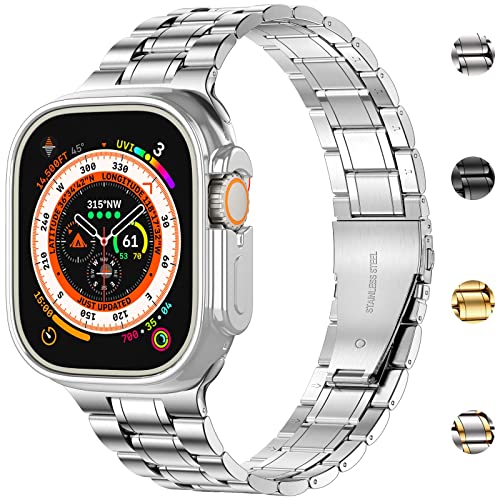 Image of MioHHR Solid Stainless Steel Band Compatible with Apple Watch 49mm Ultra 3 /2 /1, Metal Strap with Soft TPU Case for iWatch Series Ultra 3 /2 /1 49mm Women and Men, Silver