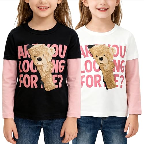 Image of 100% Cotton Girls T-Shirt 2-Pack Cute Tops Casual Soft Printed Toddlers Tees Layering 18Months-8Years