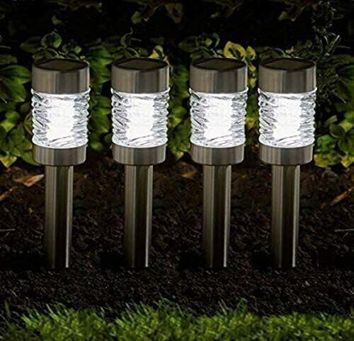 garden mile Paquete de 4 luces solares de estaca de onda superbrillante – Luces solares de jardín de acero inoxidable – Iluminación exterior jardín patio – Luces solares de camino – Bordes LED