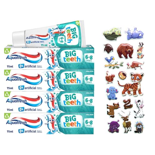 4 x Big Teeth Toothpaste 6-8 Years Mild Mint Flavour 50ml, Includes 3D Puffy Animal Sticker Sheet (Animal Sticker Sheets Selected at Random), Kids Pheleam Toothpaste Multipack Bundle