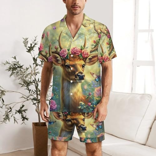 Deer Flowers Mens Pajamas Set Short Sleeve Sleepwear Summer Pjs Sets 2 Piece Loungewear Nightwear2