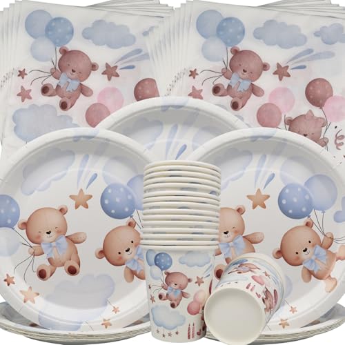 Doyomtoy Louça de festa de urso, conjunto de louça de 60 unidades para festa de urso, pratos de papel chávenas guardanapos louça de aniversário, conjunto de louça para festa de bebé para bebé Shower