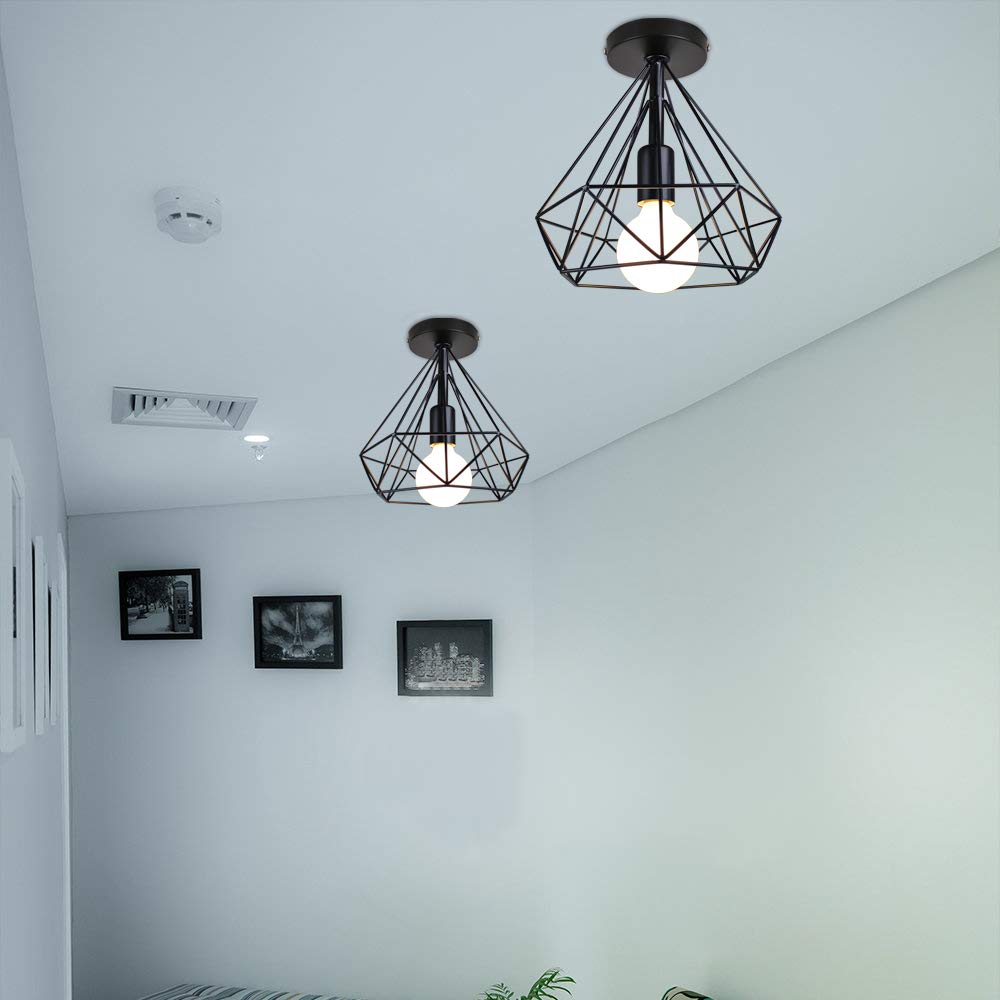 iDEGU 2 pack Plafonniers Rétro Industriel Ø20cm Luminaire Abat-jour en Metal Design Cage Diamant Lustre Lampes de Plafond pour Chambre Salon Couloir Cuisine, Noir