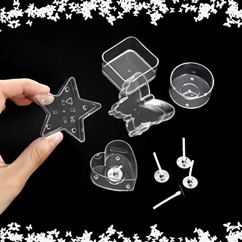 Plastic Clear Tea Light Cup Holders - Heat-Resistant Plastic Votive Containers in Heart, Square, Star, Round, Butterfly Shapes - Tealight Cups with 25 mm Candle Wicks for DIY Candle Making (20 Pieces)