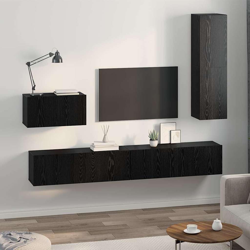 Meuble TV Mural en Bois d'ingénierie chêne Noir 4 pcs avec étagères, Porte à charnières, Rangement Suspendu pour Salon, Support Console Moderne et Design scandinave
