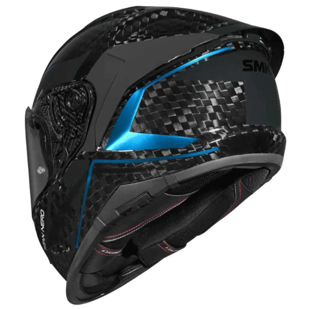 SMK Titan Carbon Nero Azul Cromado - Casco de Moto Integral en Fibra de Carbono con Visor Solar Interior - Unisex Helmets Hombre y Mujer, Homologado 22.06