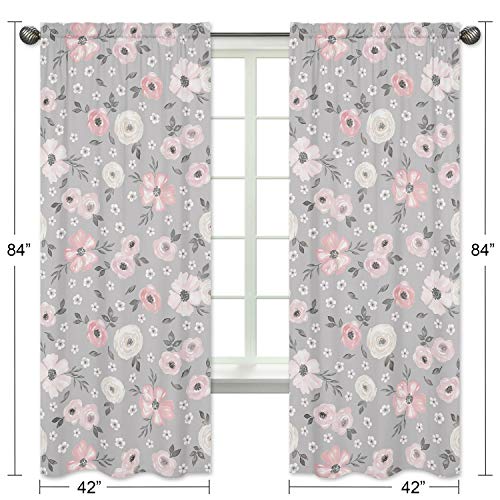 Image of Sweet Jojo Designs Grey Watercolor Floral Window Treatment Panels Curtains - Set of 2 - Blush Pink Gray and White Shabby Chic Rose Flower Farmhouse