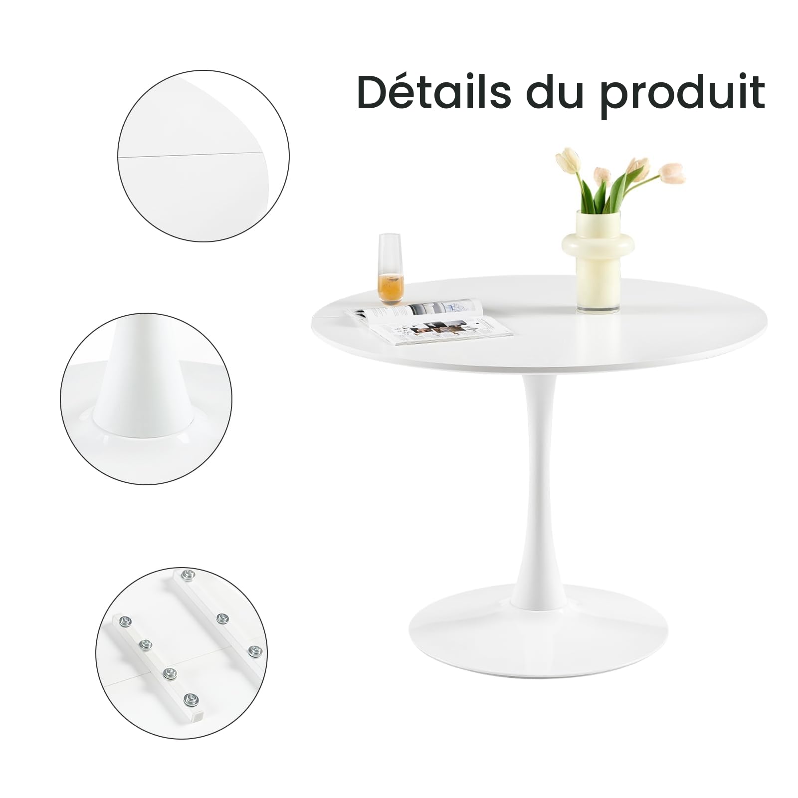 buybyroom Table à Manger Ronde Moderne, Ø - 100 cm, Table de Bar, Bureau, adaptée pour la Cuisine, la Salle à Manger, Le Salon et Le Bureau, pour 4 Personnes, Blanche