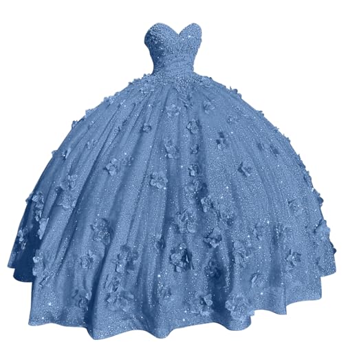 Glitter Quinceanera Dresses Strapless Beaded 3D Flowers Ball Gown Birthday Prom Dress for Sweet 15 16 Dress
