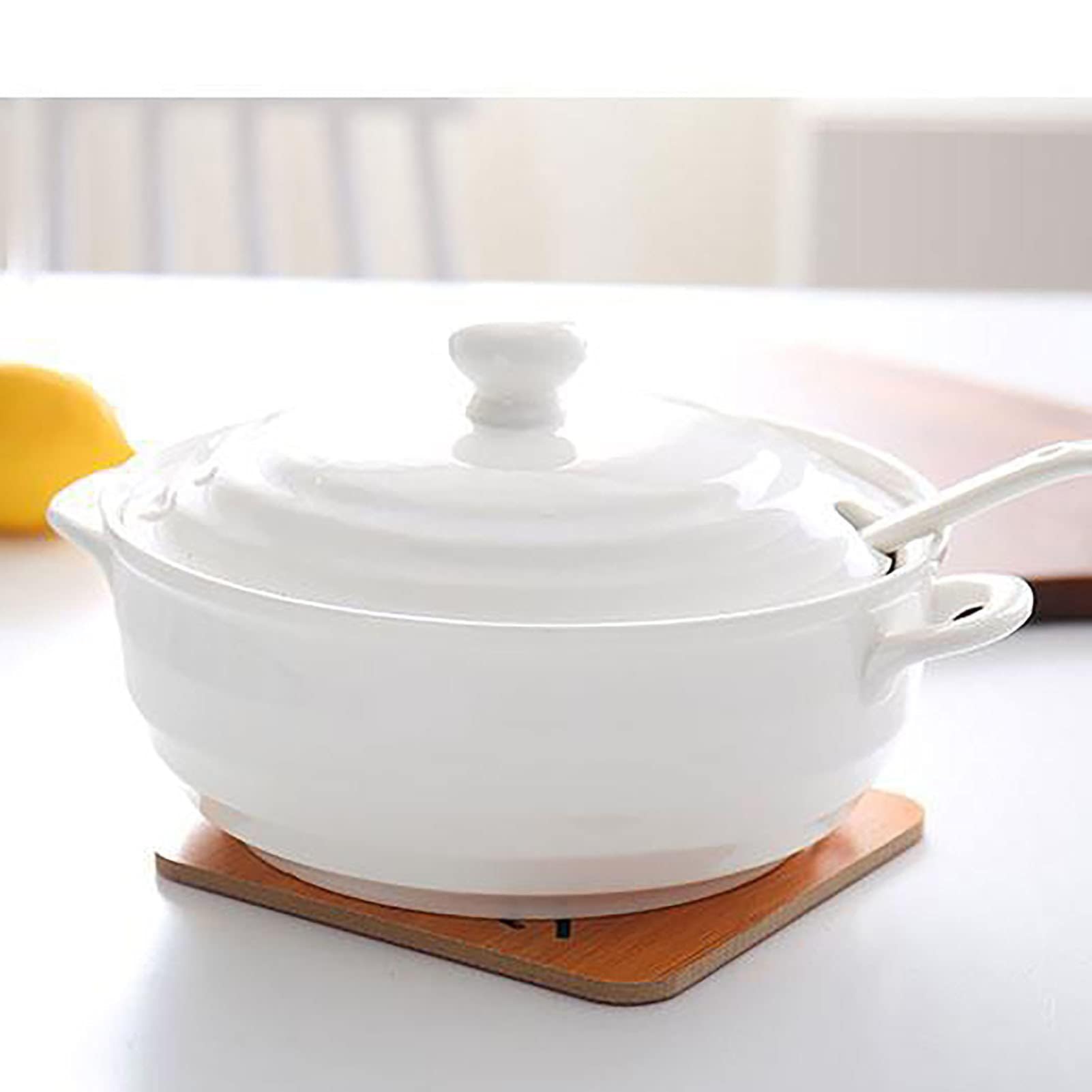 YLME Zuppiera in Ceramica con Coperchio - Design Bianco Elegante, per la Cucina Domestica Del Ristorante,1200ml
