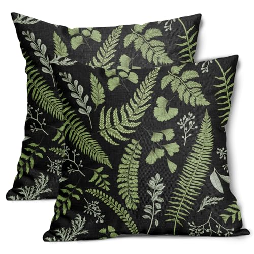 Aportt LEAFPW-0301 Green Leaf Plant Pillow Covers 18X18 Inch Set Of 2 Tropical Fern Herbs Botanical Leaves Decorative Pillow Cases Vintage Floral Black Cushion Case Retro Home Decor cover