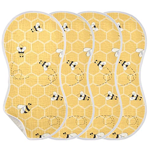 Image of YYZZH Cute Bee On Honey Yellow Honeycomb Muslin Burp Cloths for Baby 4 Pack 100% Cotton Baby Washcloths Bibs for Boy Girl