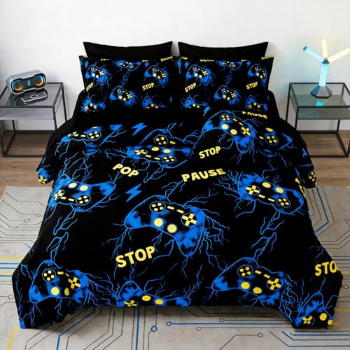 Image of ZRNBAST Gamer Bedding Set Queen Size, Blue Lightning Video Game Comforter Set with Sheets, 6 Pieces Bed in a Bag for Boys, Gamepad Gaming Bedrooom Bed Set(Blue,Queen)