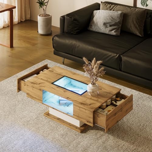 BTM Table Basse LED Réglable, 2 tiroirs, Table de Salon en Verre, Rectangle, 110x60x40 H cm, Bois