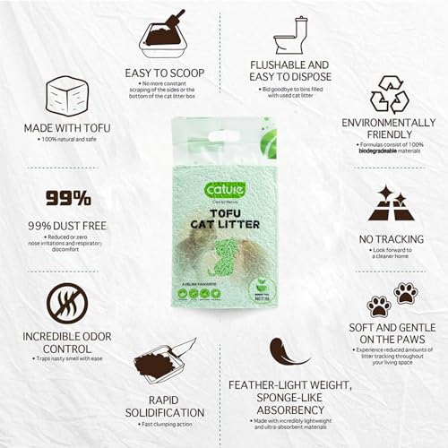 Image of Cature Care by Nature Tofu Cat Litter Natural Flushable Clumping Litter Plant Based Biodegradable Ultra Odour Control 99% Dust Free Low Tracking Cat Litter (Green Tea, 6L)