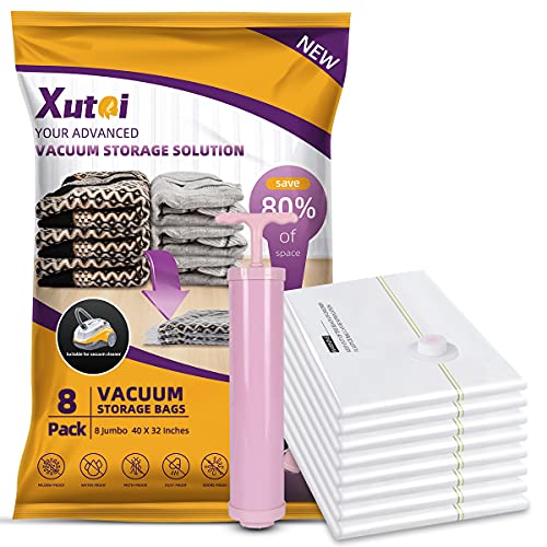 XUTAI Space Saver Vacuum Storage Bags - 8 Jumbo Vacuum Seal Bags with Pump, 80% More Storage! Vacuum Storage Bags for Clothes, Comforters, Blanket, Bedding