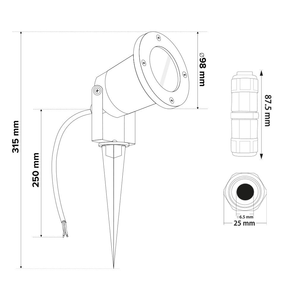 EDO 2er Set Gartenstrahler mit Erdspieß HORTUS IP65 Schwarz GU10 + 2x Wasserdichter Kabelverbinder IP68 0,5-2,5mm², Ø6,5-11mm - Außen Schwenkbar Gartenlamp, Außenbeleuchtung für Pflanzen, Kabel 25cm