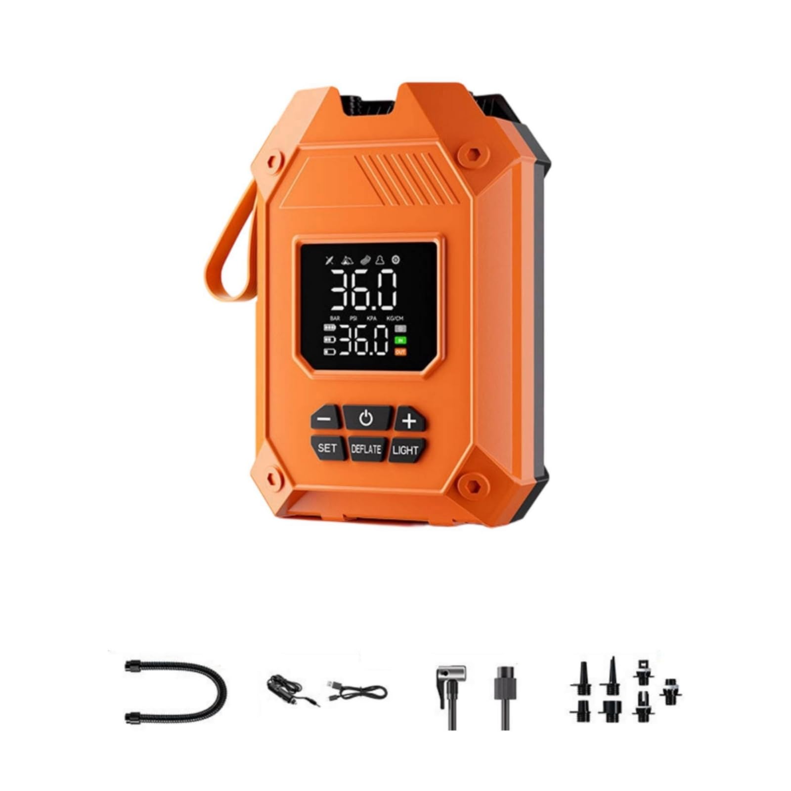 Milageto Bomba Inalámbrica Inalámbrico Bomba con Pantalla Digital Multifuncional Inflador con Pantalla LED para portistas, Style to 3, Naranja, Naranja