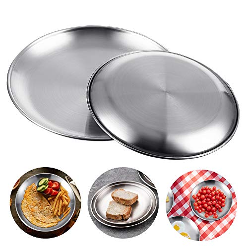 KBNIAN Platos Acero Inoxidable Redondo, Kit de 2 Pcs Bandeja de Acero Inoxidable Redonda, Platos Redondos Plata de Diferentes Tamaños, Bajos Platos para Contener Comida Camping （ Φ 20cm / 23cm）