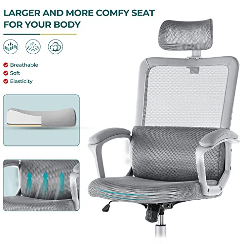 Desk Chair, Ergonomic Mesh Office Chair High Back Computer Chair With Adjustable Headrest,Lumbar Support, Tilt Function,Swivel Rolling, Soft Pu Armrest Task Chair Home Office Desk Chairs, Grey #TOP5
