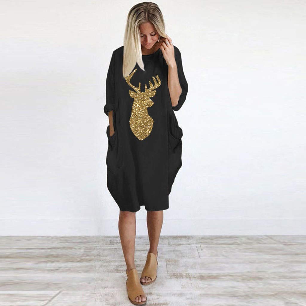 2026 Décontractée Femme avec Poches Col V Manches Longues Plus Grande Coupe Ample Ladies Dress