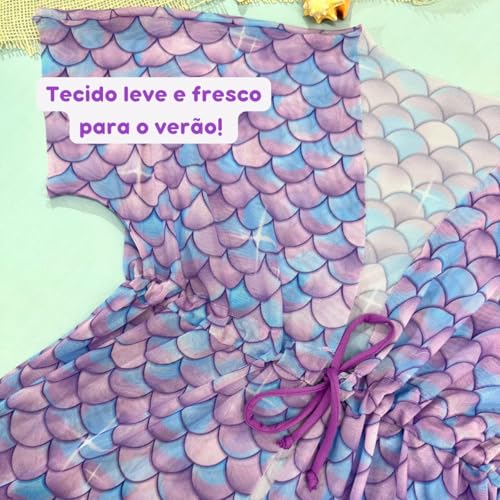 Saída De Praia Infantil Menina Vestido Tule Verão Com Cordão (Padrão, Sereia Skin F118, P (3 A 6 ANO