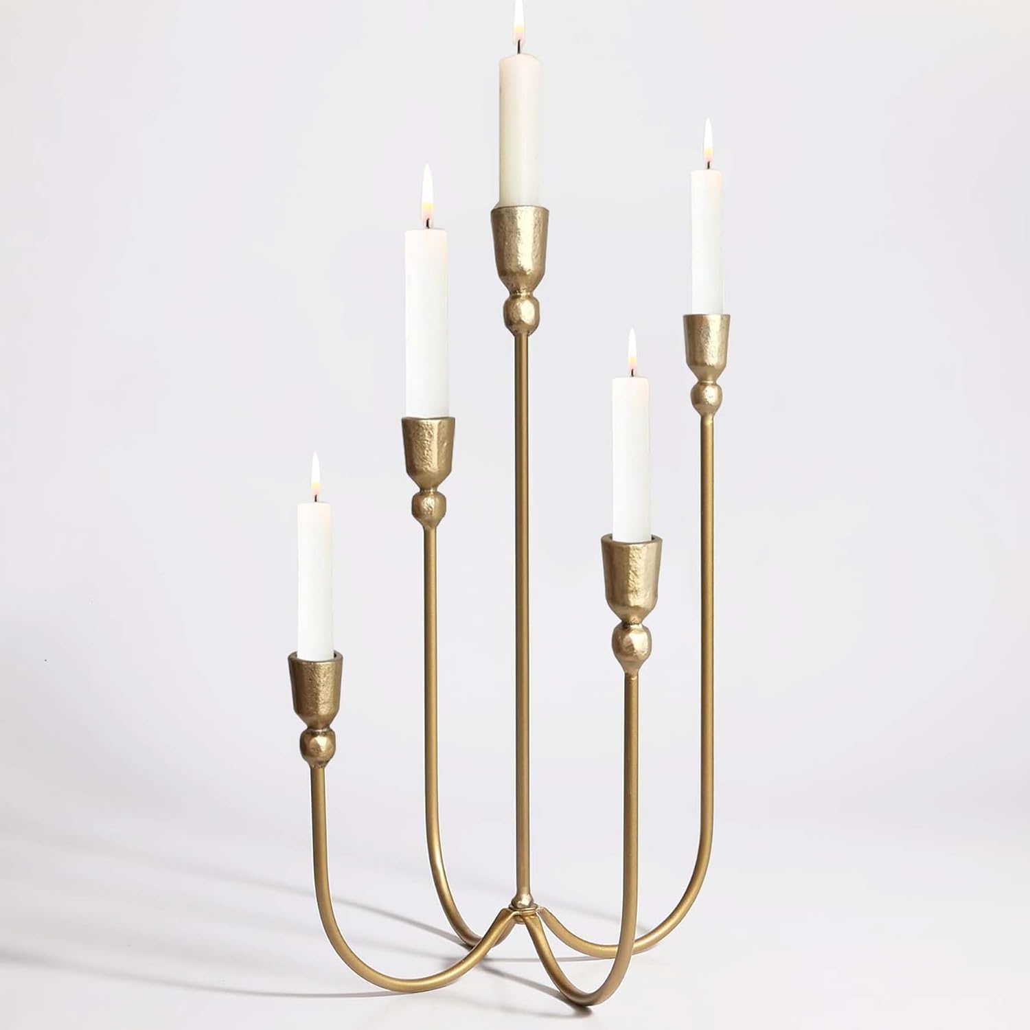 5-Candle Metal Candelabra Candlestick Holders - Tall Candle Holder Wedding Event - Dinner Candle Stand, Brass Gold