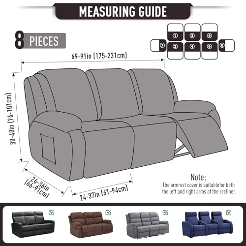 Image of TAOCOCO Recliner Couch Covers for 3 Seat, 8-Pieces Stretch Large Couch Covers for 3 Seats Reclining Slipcovers Soft Jacquard Pattern Furniture Protector, Chocolate