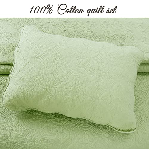 Cozy Line Home Fashions 100% Cotton Medallion Matelasse Embossed Bedding Quilt Set, Reversible Lightweight Bedspread, Coverlet for All Season (Blantyre - Green, Queen - 3 Piece)