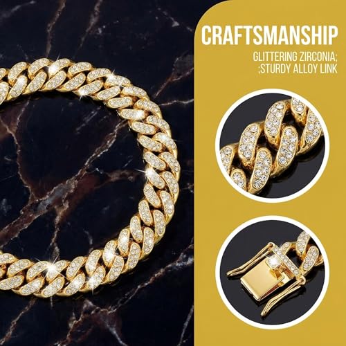 Image of Dog Chain Diamond Collar Walking Metal Chain Collar with Design Secure Buckle, Pet Collar Jewelry Accessories for Small Medium Large Dogs Cats (Gold, 14 Inch)