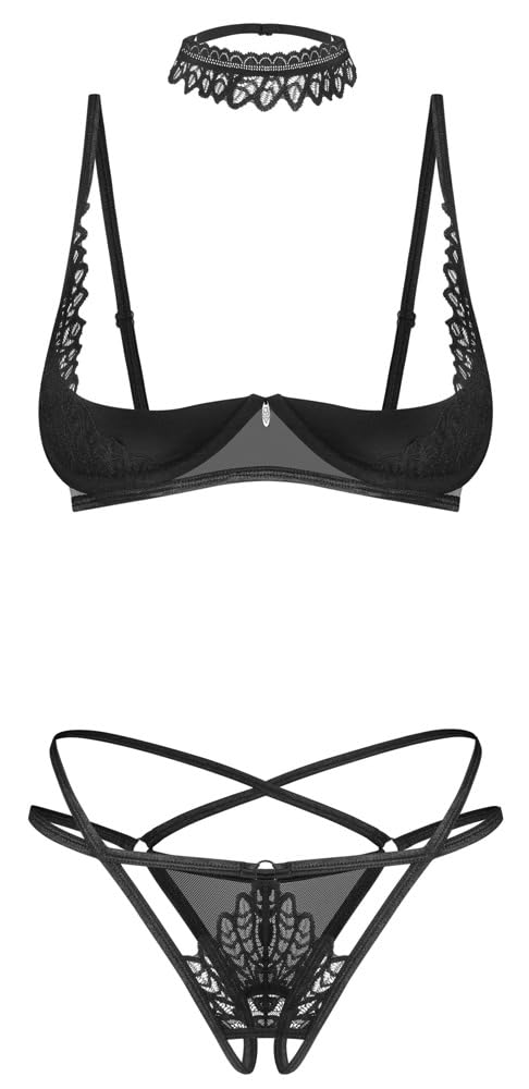 Donarella - Set lingerie con reggiseno sollevato, perizoma e collarino,  Nero, XS-S : Amazon.it: Moda