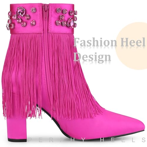 Perphy Pointed Toe Fringe Rhinestone Chunky Heel Ankle Boots for Women4