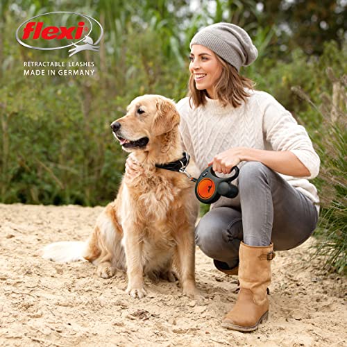 Image of FLEXI New Neon Tape Retractable Dog Leash for Small Dogs Upto 15kgs. - 16 ft., Orange | Tangle Free Pet Walking Leash with One-Handed Brake, Pause, Lock | German Quality Product
