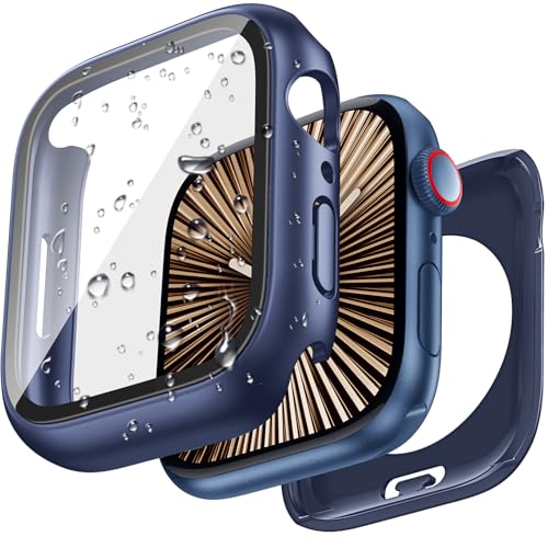 Image of 3 in 1 Goton Waterproof Hard Case for Apple Watch Screen Protector 46mm, 360 Slim Full Protective Tempered Glass Face Cover + Back Hard PC Bumper for iWatch Series 11 /10, 46mm Blue