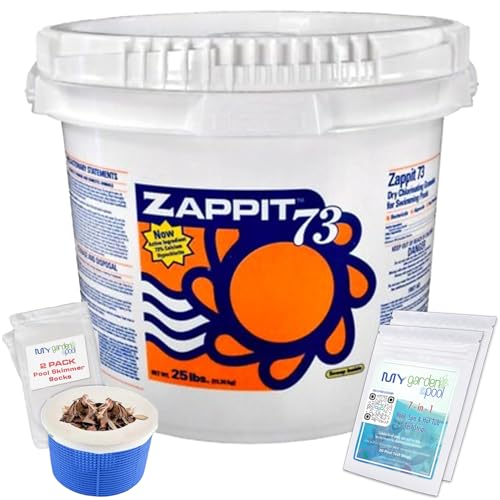 Zaqq-it 73% Cal-Hypo Dry Chlorinating Granules 25 LB Bucket Bactericide Algaecide and Fast Dissolving Shock with My Garden Pool Skimmer Socks and 7-in-1 Test Strips. Powerful Chlorine Shock