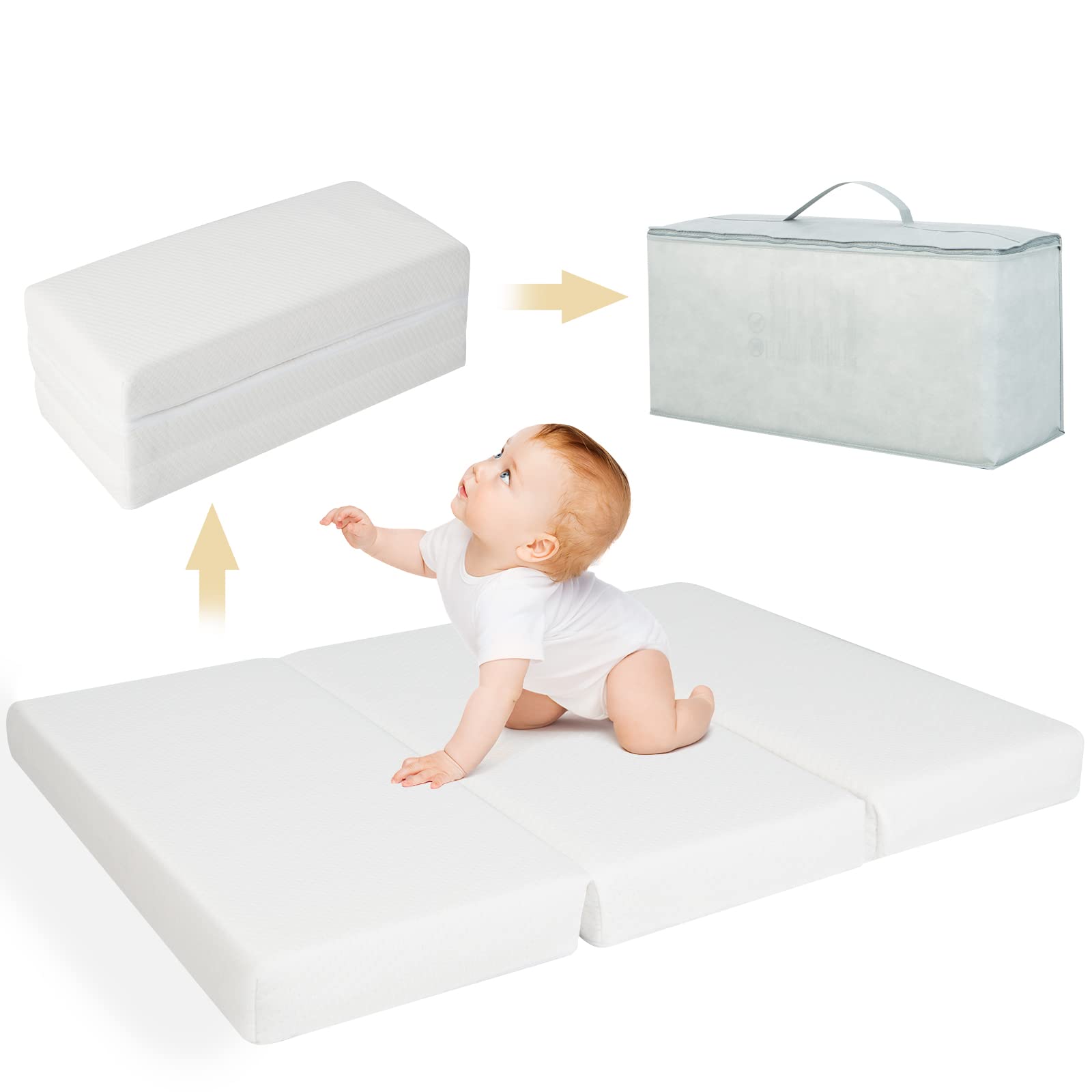 GLACER Tri-fold Pack n Play Mattress Pad, Pack and Play Mattress Topper w/ 3-inch Aircell Foam, Removable & Washable Cover, Carry Bag, Portable Foldable Play Yard Mattress for Babies & Toddlers, White