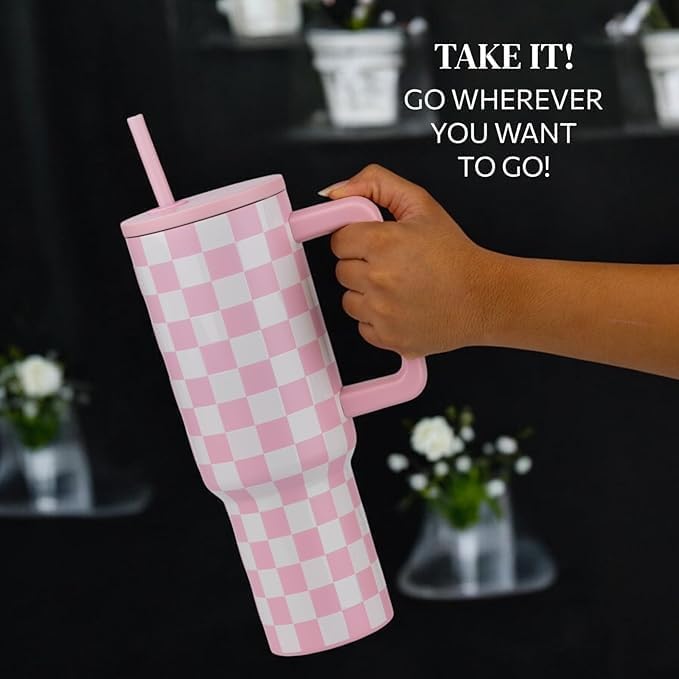 Image of Stainless Steel 1200 ml Vacuum Tumbler with Lid & Straw - Double‑Wall Insulated Cup for Travel, Gym & Office - Keeps Beverages Hot or Cold - 1.2 L Capacity (Pink Checks)