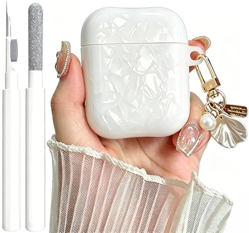 Image of OTOPO for Cute Airpods 2nd /1st Generation Case Girl Women with Cleaner Kit, Glitter Shell Pattern Apple iPods 2 /1 Gen Protective Cover Skin with Pearl Shell Keychain, White