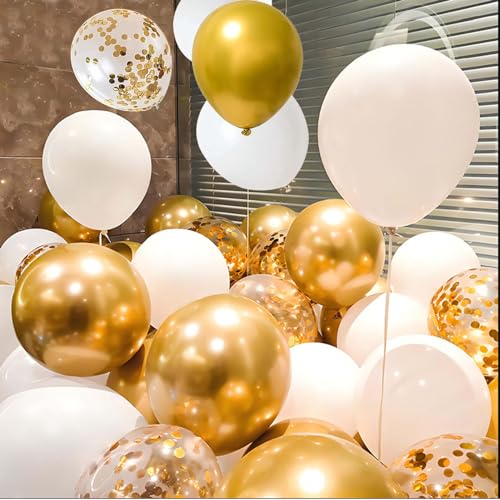 Image of 12Inch White and Glod Party Balloons with White Glod Confetti Balloons for Birthday, Baby Shower,Family Parties,Graduation Engagement Decoration Pack of 50pcs