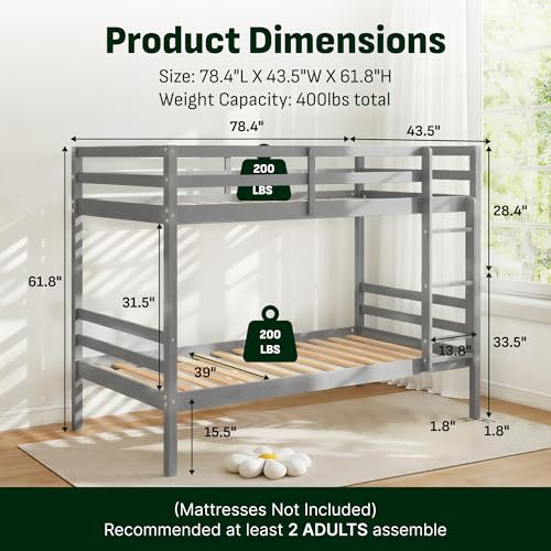 Image of Softa Twin Over Twin Bunk Bed for Kids, Solid Wood Bunk Bed Frame with 13 inch High Guardrails and Ladder, 400 lbs Capacity Total, 11.9 inch Under-Bed Storage, No Box Spring Needed, Gray