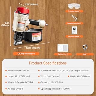 meite CN70B Coil Nail Gun, Professional Industrial Pneumatic Coil Siding Nailer for Pallets, Framing and Wood Case - Air Coil Nailer Compatible with Type Flat Top 45-70 mm Length Coil Nails