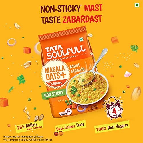 Image of Tata Soulfull Masala Oats+ With Millets, Mast Masala, 500g, Real Vegetables, 25% Millets, Non Sticky , Evening Snack, Healthy Snack
