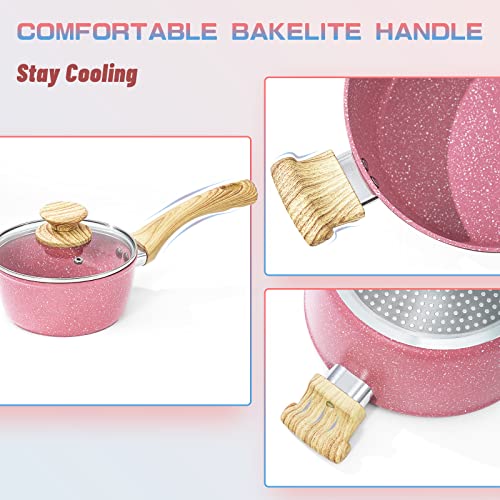 Nonstick Cookware Sets, 8 Piece Pots And Pans Set, Granite Stone Cookware Non Stick Frying Pan Set With Stay Cool Handles, Pink Kitchen Cookware Sets 100% Pfoa-Free, Toxin-Free, Induction Compatible #TOP4